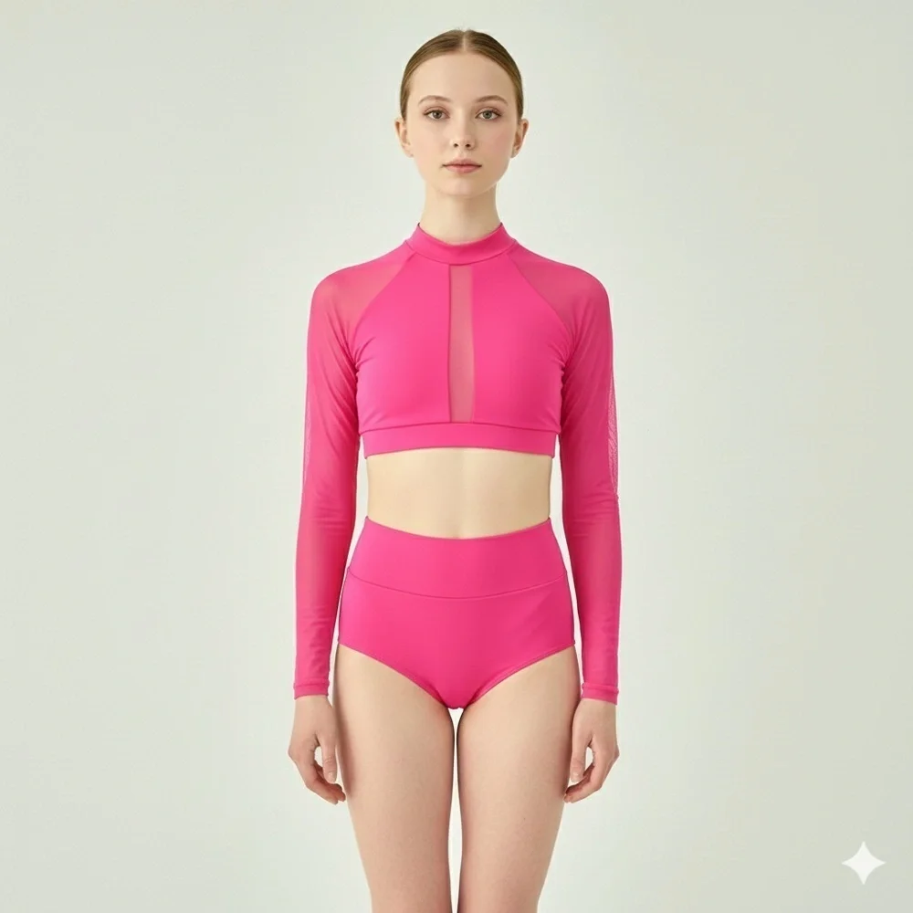 Baltogs Pink High Neck Mesh Long Sleeve Crop Top High Waisted Briefs Dance Set